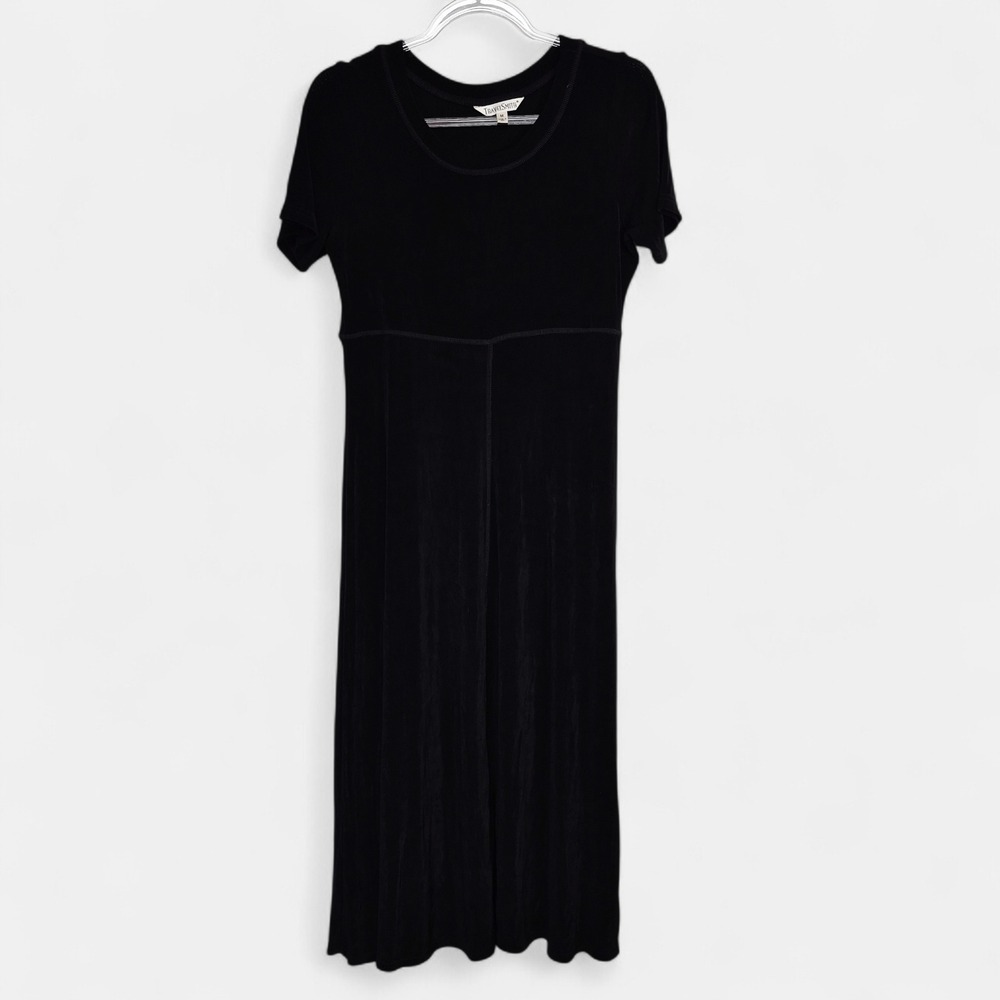TravelSmith Womens Size M Black Empire Waist Ribbed Midi Dress Short Sleeve